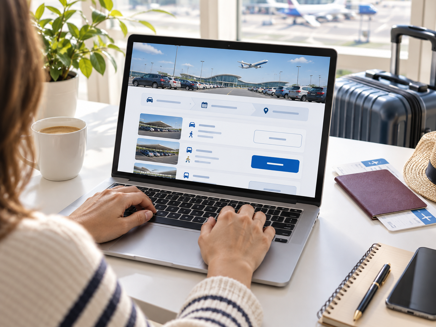 Traveller booking airport parking online on a laptop