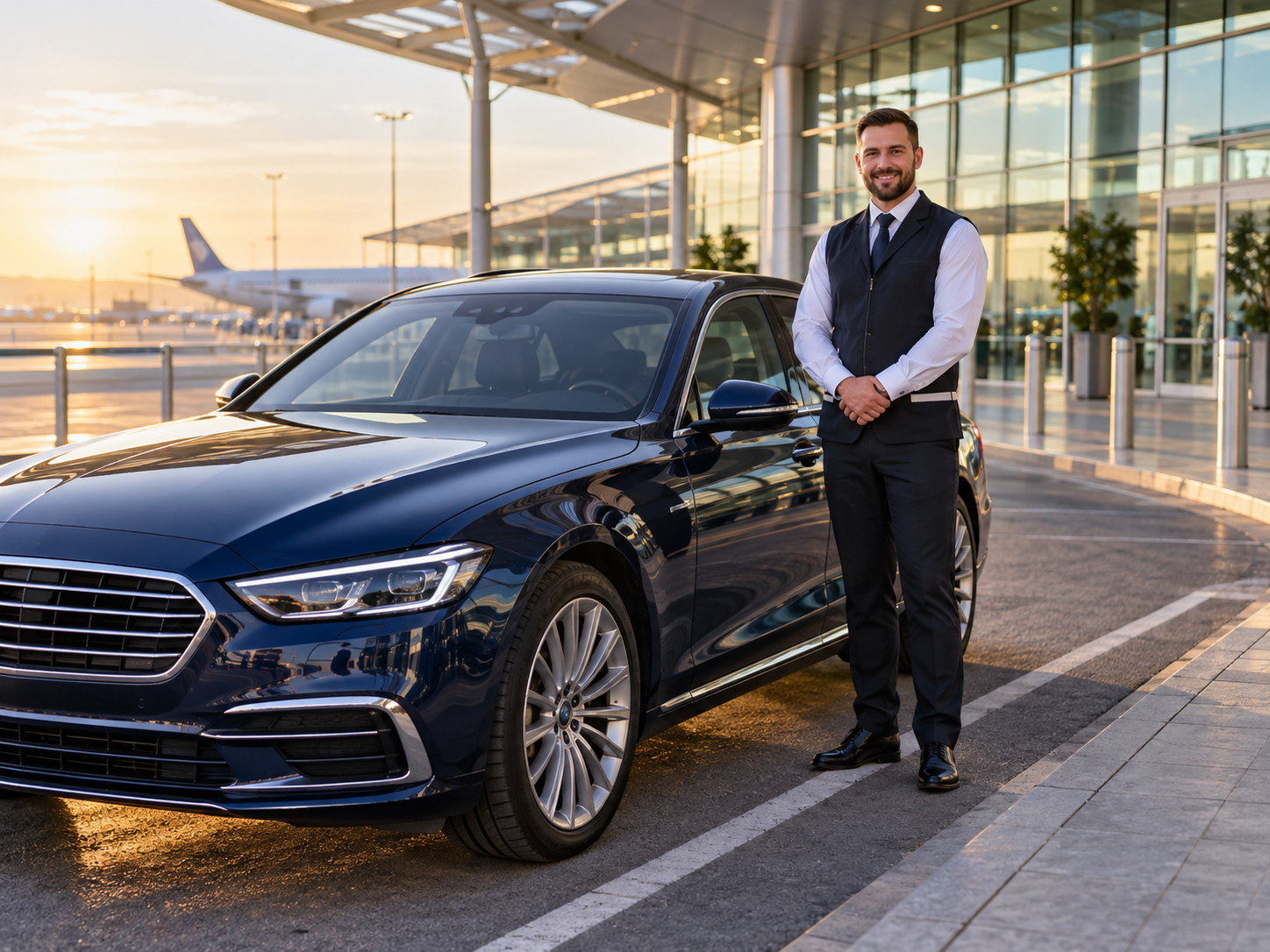 Airport parking attendant standing beside a car